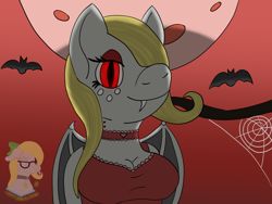 Size: 1600x1200 | Tagged: safe, artist:gray star, derpibooru exclusive, imported from derpibooru, oc, oc:gray star, anthro, vampire, vampony, bats!, bust, choker, fangs, glowing, glowing eyes, moon, race swap, red eyes, spider web