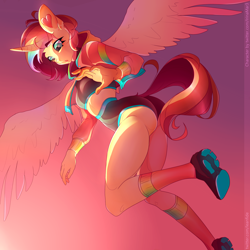 Size: 2000x2000 | Tagged: safe, artist:leanfide, imported from derpibooru, oc, oc only, alicorn, anthro, alicorn oc, clothes, female, high res, hoodie, horn, multicolored hair, not fluttershy, rainbow hair, shoes, simple background, sky, sneakers, solo, stockings, tail, thigh highs, watermark, wings