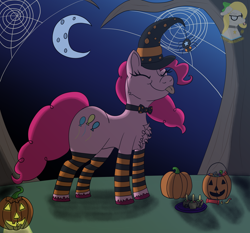 Size: 2064x1923 | Tagged: safe, artist:gray star, derpibooru exclusive, imported from derpibooru, pinkie pie, apple, bowtie, candy, candy apple (food), clothes, food, halloween, holiday, jack-o-lantern, leggings, pumpkin, spider web, witch costume