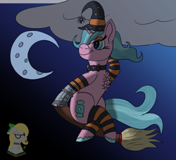 Size: 1600x1450 | Tagged: safe, artist:gray star, derpibooru exclusive, imported from derpibooru, oc, oc:candy chip, cyborg, unicorn, the sunjackers, broom, chest fluff, clothes, cloud, female, flying, flying broomstick, hat, horn, leggings, moon, unicorn oc, witch costume, witch hat