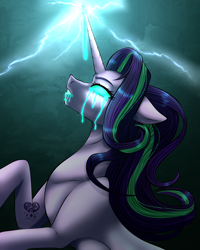 Size: 2560x3200 | Tagged: safe, artist:flabight568, imported from derpibooru, starlight glimmer, pony, unicorn, black background, blank eyes, crepuscular rays, eyelashes, female, flowing mane, glowing, glowing eyes, glowing horn, high res, horn, logo, looking up, magic, magic aura, purple mane, simple background, solo, teeth