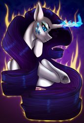 Size: 1577x2300 | Tagged: safe, artist:flabight568, imported from derpibooru, rarity, pony, unicorn, blue eyes, blue mane, bust, colored pupils, eyelashes, female, flowing mane, glowing, glowing horn, hooves, horn, logo, long mane, magic, magic aura, simple background, smiling, solo, stars, teeth