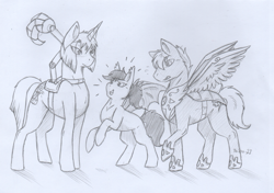 Size: 2251x1589 | Tagged: safe, artist:xtaibufox, imported from derpibooru, oc, oc only, bat pony, pegasus, pony, unicorn, monochrome, traditional art