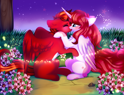 Size: 5040x3850 | Tagged: safe, artist:2pandita, imported from derpibooru, oc, oc only, alicorn, pegasus, pony, absurd resolution, blushing, female, flower, kissing, mare