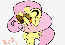 Size: 3500x2450 | Tagged: safe, artist:nazodafist, imported from derpibooru, fluttershy, pegasus, pony, eyes closed, food, high res, mcdonald's, mcrib, meat, ponies eating meat, solo