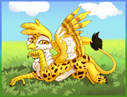 Size: 2048x1561 | Tagged: safe, artist:danton-y17, artist:konejo, imported from derpibooru, oc, oc only, oc:beaky, griffon, fanfic:yellow feathers, commission, griffon oc, looking at you, smiling, solo, spread wings, wings