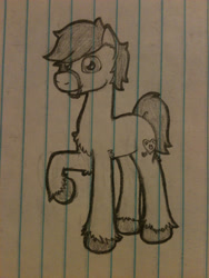 Size: 1536x2048 | Tagged: safe, artist:zombietator, imported from derpibooru, oc, oc only, oc:chaos, pony, lineart, lined paper, male, raised hoof, smiling, solo, stallion, traditional art, unshorn fetlocks