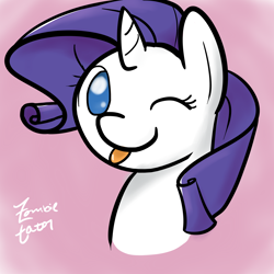 Size: 3000x3000 | Tagged: safe, artist:zombietator, imported from derpibooru, rarity, pony, unicorn, :p, bust, female, gradient background, high res, horn, mare, signature, smiling, solo, tongue out