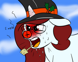 Size: 1000x800 | Tagged: safe, artist:tranzmuteproductions, imported from derpibooru, oc, oc only, oc:red note, pony, angry, bust, ears back, glasses, hat, holly, pipe, red nose, solo, sweat, top hat
