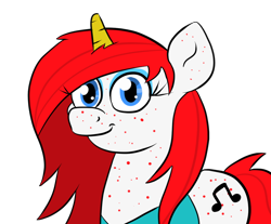 Size: 1100x912 | Tagged: safe, artist:tranzmuteproductions, imported from derpibooru, oc, oc only, oc:red note, pony, unicorn, acne, clothes, eyelashes, female, horn, mare, music notes, simple background, smiling, solo, transparent background, unicorn oc