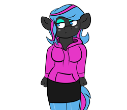 Size: 1100x955 | Tagged: safe, alternate version, artist:tranzmuteproductions, imported from derpibooru, oc, oc only, oc:scribbler, anthro, earth pony, clothes, earth pony oc, female, makeup, shorts, solo