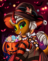 Size: 2550x3209 | Tagged: safe, artist:pridark, imported from derpibooru, part of a set, oc, oc only, oc:verdant pyre, kirin, bow, candy, clothes, commission, costume, food, halloween, halloween costume, hat, high res, holiday, kirin oc, part of a series, pumpkin, pumpkin bucket, socks, solo, striped socks, witch hat, ych result