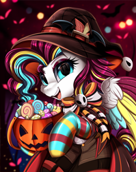 Size: 2550x3209 | Tagged: safe, artist:pridark, imported from derpibooru, part of a set, oc, oc only, pegasus, pony, bow, candy, clothes, commission, costume, food, halloween, halloween costume, hat, high res, holiday, part of a series, pegasus oc, pumpkin, pumpkin bucket, socks, solo, striped socks, witch hat, ych result