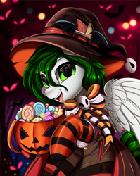 Size: 2550x3209 | Tagged: safe, artist:pridark, imported from derpibooru, part of a set, oc, oc only, pegasus, pony, bow, candy, clothes, commission, costume, food, halloween, halloween costume, hat, high res, holiday, part of a series, pegasus oc, pumpkin, pumpkin bucket, socks, solo, striped socks, witch hat, ych result