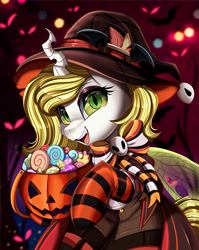 Size: 2550x3209 | Tagged: safe, artist:pridark, imported from derpibooru, part of a set, oc, oc only, oc:aurora industry (ic), changeling, bow, candy, changeling oc, clothes, commission, costume, food, halloween, halloween costume, hat, high res, holiday, part of a series, pumpkin, pumpkin bucket, socks, solo, striped socks, white changeling, witch hat, ych result, yellow changeling