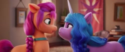 Size: 2019x837 | Tagged: safe, imported from derpibooru, izzy moonbow, sunny starscout, earth pony, pony, unicorn, spoiler:my little pony: a new generation, duo, duo female, female, g5, my little pony: a new generation, out of context, shipping fuel, staring contest