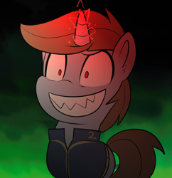 Size: 1000x1032 | Tagged: safe, artist:icey, imported from derpibooru, oc, oc only, oc:littlepip, pony, unicorn, fallout equestria, spoiler:g5, spoiler:my little pony: a new generation, clothes, evil, evil grin, female, g5, grin, horn, jumpsuit, looking at you, magic, mare, my little pony: a new generation, no pupils, possessed, red eyes, sharp teeth, shrunken pupils, smiling, smiling at you, solo, sproutity, tail, teeth, unicorn oc, vault suit