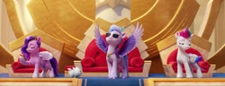 Size: 2115x816 | Tagged: safe, imported from derpibooru, screencap, pipp petals, queen haven, zipp storm, dog, pegasus, pomeranian, pony, spoiler:my little pony: a new generation, 3d, cellphone, cloudpuff, crown, female, folded wings, g5, indoors, jewelry, lidded eyes, mare, my little pony: a new generation, necklace, phone, raised hoof, regalia, royal family, royal sisters (g5), siblings, sisters, smartphone, spread wings, standing, sunglasses, tail, throne, throne room, tiara, unshorn fetlocks, wings