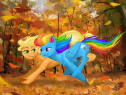 Size: 500x375 | Tagged: safe, artist:秋水, imported from derpibooru, applejack, rainbow dash, earth pony, pegasus, pony, appledash, autumn, female, forest, leaves, lesbian, shipping, tree