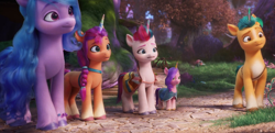 Size: 1418x684 | Tagged: safe, edit, edited screencap, imported from derpibooru, screencap, hitch trailblazer, izzy moonbow, pipp petals, sunny starscout, zipp storm, earth pony, pegasus, pony, unicorn, spoiler:my little pony: a new generation, 3d, female, g5, izzy is tol, male, mane five (g5), mare, my little pony: a new generation, pipp is short, pipp is smol, size difference, smol, stallion, wat