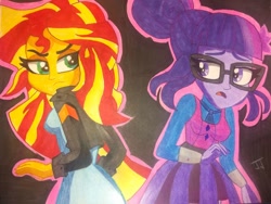 Size: 1024x768 | Tagged: safe, artist:nanofam, imported from derpibooru, sci-twi, sunset shimmer, twilight sparkle, equestria girls, friendship games, duo, female, scene interpretation, traditional art