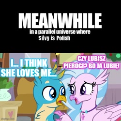 Size: 500x501 | Tagged: safe, edit, edited screencap, imported from derpibooru, screencap, gallus, silverstream, classical hippogriff, griffon, hippogriff, the hearth's warming club, caption, dialogue, female, gallstream, image macro, jewelry, male, necklace, pierogi, poland, polish, shipping, straight, text