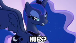 Size: 1192x670 | Tagged: safe, edit, edited screencap, imported from derpibooru, screencap, princess luna, alicorn, pony, season 6, to where and back again, bronybait, caption, female, hug request, image macro, lidded eyes, looking at you, mare, solo, text