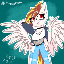 Size: 1280x1280 | Tagged: safe, artist:ukedideka, imported from derpibooru, oc, oc only, oc:lumen afterglow, anthro, pegasus, bracelet, clothes, ear piercing, female, inktober, inktober 2021, jewelry, peace sign, pegasus oc, piercing, red eyes, simple background, solo, spread wings, tongue out, wings