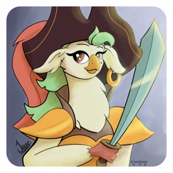 Size: 4096x4096 | Tagged: safe, artist:jearknds, imported from derpibooru, captain celaeno, bust, ear piercing, earring, hat, jewelry, piercing, pirate, pirate hat, solo, sword, weapon