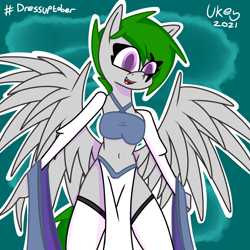 Size: 1280x1280 | Tagged: safe, artist:ukedideka, imported from derpibooru, oc, oc only, oc:quizzical aphre, anthro, pegasus, clothes, dressuptober, eye clipping through hair, inktober 2021, pegasus oc, simple background, socks, solo, spread wings, thigh highs, wings