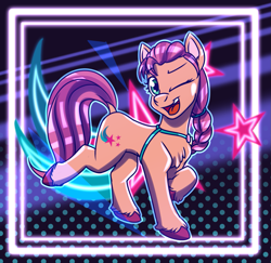 Size: 1235x1200 | Tagged: safe, artist:redahfuhrerking, imported from derpibooru, sunny starscout, earth pony, pony, cutie mark background, g5, my little pony: a new generation, one eye closed, solo, wink