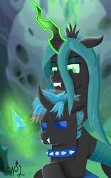 Size: 2025x3236 | Tagged: source needed, safe, artist:winter light, imported from derpibooru, queen chrysalis, oc, oc:spatium ventus, changeling, changeling queen, birthday, female, high res, hug