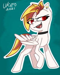 Size: 801x989 | Tagged: safe, artist:ukedideka, imported from derpibooru, oc, oc only, oc:lumen afterglow, pegasus, pony, alternate hairstyle, collar, ear piercing, eye clipping through hair, pegasus oc, piercing, sharp teeth, simple background, solo, standing, teeth, wings