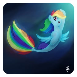 Size: 4096x4096 | Tagged: safe, artist:jearknds, imported from derpibooru, rainbow dash, seapony (g4), blue background, crepuscular rays, cute, dorsal fin, female, fin wings, fins, fish tail, flowing mane, flowing tail, ocean, open mouth, pink eyes, seaponified, seapony rainbow dash, signature, simple background, smiling, solo, species swap, sunlight, swimming, tail, underwater, water, wings