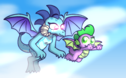 Size: 4800x2960 | Tagged: safe, artist:iceflower99, imported from derpibooru, princess ember, spike, dragon, dragoness, duo, female, flying, sky, winged spike, wings