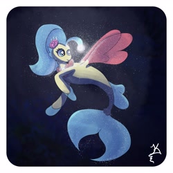 Size: 4096x4096 | Tagged: safe, artist:jearknds, imported from derpibooru, princess skystar, pony, seapony (g4), my little pony: the movie, bioluminescent, blue background, blue mane, dorsal fin, female, fin wings, fins, fish tail, flower, flower in hair, flowing mane, flowing tail, glowing, jewelry, necklace, ocean, pearl necklace, signature, simple background, smiling, solo, swimming, tail, underwater, water, wings