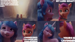 Size: 1280x720 | Tagged: safe, edit, edited screencap, editor:quoterific, imported from derpibooru, screencap, izzy moonbow, sunny starscout, earth pony, pony, unicorn, spoiler:my little pony: a new generation, 3d, female, g5, mare, my little pony: a new generation, one eye closed, open mouth