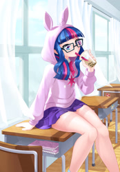 Size: 2672x3840 | Tagged: safe, artist:dstears, imported from derpibooru, twilight sparkle, human, bubble tea, classroom, clothes, cute, cutie mark, cutie mark on clothes, drink, drinking, glasses, high res, hoodie, humanized, legs, schrödinger's pantsu, skirt, sticker, twiabetes