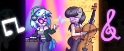 Size: 4200x1740 | Tagged: safe, artist:iceflower99, imported from derpibooru, dj pon-3, octavia melody, vinyl scratch, anthro, earth pony, unicorn, bow (instrument), cello, cello bow, clothes, female, finger gun, grin, headphones, looking at each other, musical instrument, pants, smiling, sweater, tanktop, turntable, vest