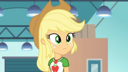 Size: 3410x1920 | Tagged: safe, imported from derpibooru, screencap, applejack, equestria girls, equestria girls series, rollercoaster of friendship, applejack's hat, clothes, cowboy hat, cutie mark, cutie mark on clothes, female, geode of super strength, hat, high res, jewelry, magical geodes, necklace, solo