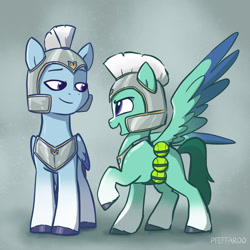 Size: 2048x2048 | Tagged: safe, artist:pfeffaroo, imported from derpibooru, pegasus, pony, ball, duo, female, g5, guard, guardsmare, high res, male, mare, my little pony: a new generation, pegasus royal guard, royal guard, shipping, stallion, straight, tennis ball, thunder flap, zoom zephyrwing, zoomthunder