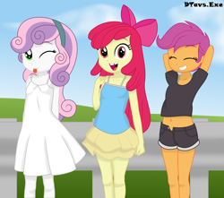 Size: 6799x6000 | Tagged: safe, artist:dtavs.exe, imported from derpibooru, apple bloom, scootaloo, sweetie belle, equestria girls, ;p, absurd resolution, arm behind back, arm behind head, belly button, chipped tooth, clothes, cutie mark crusaders, eyes closed, female, grin, looking at you, midriff, one eye closed, open mouth, open smile, shoujo ramune, smiling, smiling at you, tongue out, tooth gap, trio, trio female, wink, winking at you