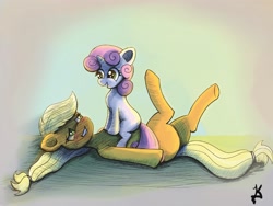 Size: 3531x2649 | Tagged: safe, artist:jearknds, imported from derpibooru, applejack, sweetie belle, earth pony, pony, unicorn, blushing, duo, female, high res, lying down, on back, on top, personal space invasion, sitting on person, smiling