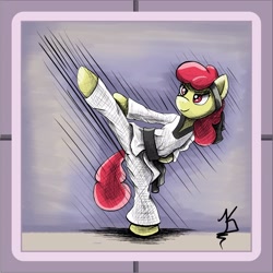 Size: 4096x4095 | Tagged: safe, artist:jearknds, imported from derpibooru, apple bloom, earth pony, pony, bipedal, female, kicking, martial arts, solo, taekwondo