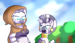 Size: 3300x1911 | Tagged: safe, artist:iceflower99, imported from derpibooru, zecora, anthro, zebra, anthro ponidox, breasts, busty zecora, open mouth, open smile, self ponidox, smiling