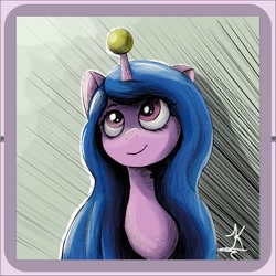 Size: 4096x4091 | Tagged: safe, alternate version, artist:jearknds, imported from derpibooru, izzy moonbow, pony, unicorn, spoiler:my little pony: a new generation, ball, bust, female, g5, horn, hornball, izzy's tennis ball, my little pony: a new generation, smiling, solo, tennis ball