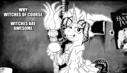 Size: 1250x725 | Tagged: safe, artist:jamescorck, imported from derpibooru, oc, oc only, oc:movie slate, pony, unicorn, broom, clothes, costume, female, mare, monochrome, nightmare night costume, solo, witch costume