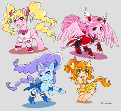 Size: 1129x1036 | Tagged: safe, artist:5mmumm5, imported from derpibooru, earth pony, pegasus, pony, unicorn, anime, clothes, cure berry, cure passion, cure peach, cure pine, dress, eas (fresh precure), female, fresh precure, fresh pretty cure, inori yamabuki, love momozono, mare, miki aono, one eye closed, open mouth, pigtails, ponified, precure, pretty cure, skirt