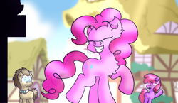 Size: 3300x1911 | Tagged: safe, artist:iceflower99, imported from derpibooru, berry punch, berryshine, doctor whooves, pinkie pie, time turner, earth pony, pony, chest fluff, eyes closed, female, grin, happy, male, mare, open mouth, open smile, ponyville, raised hoof, smiling, speedpaint, stallion, waving