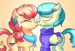 Size: 2631x1800 | Tagged: safe, artist:iceflower99, imported from derpibooru, aunt holiday, auntie lofty, earth pony, pegasus, pony, boop, clothes, couple, eyes closed, female, heart, lesbian, married couple, noseboop, scarf, sweater